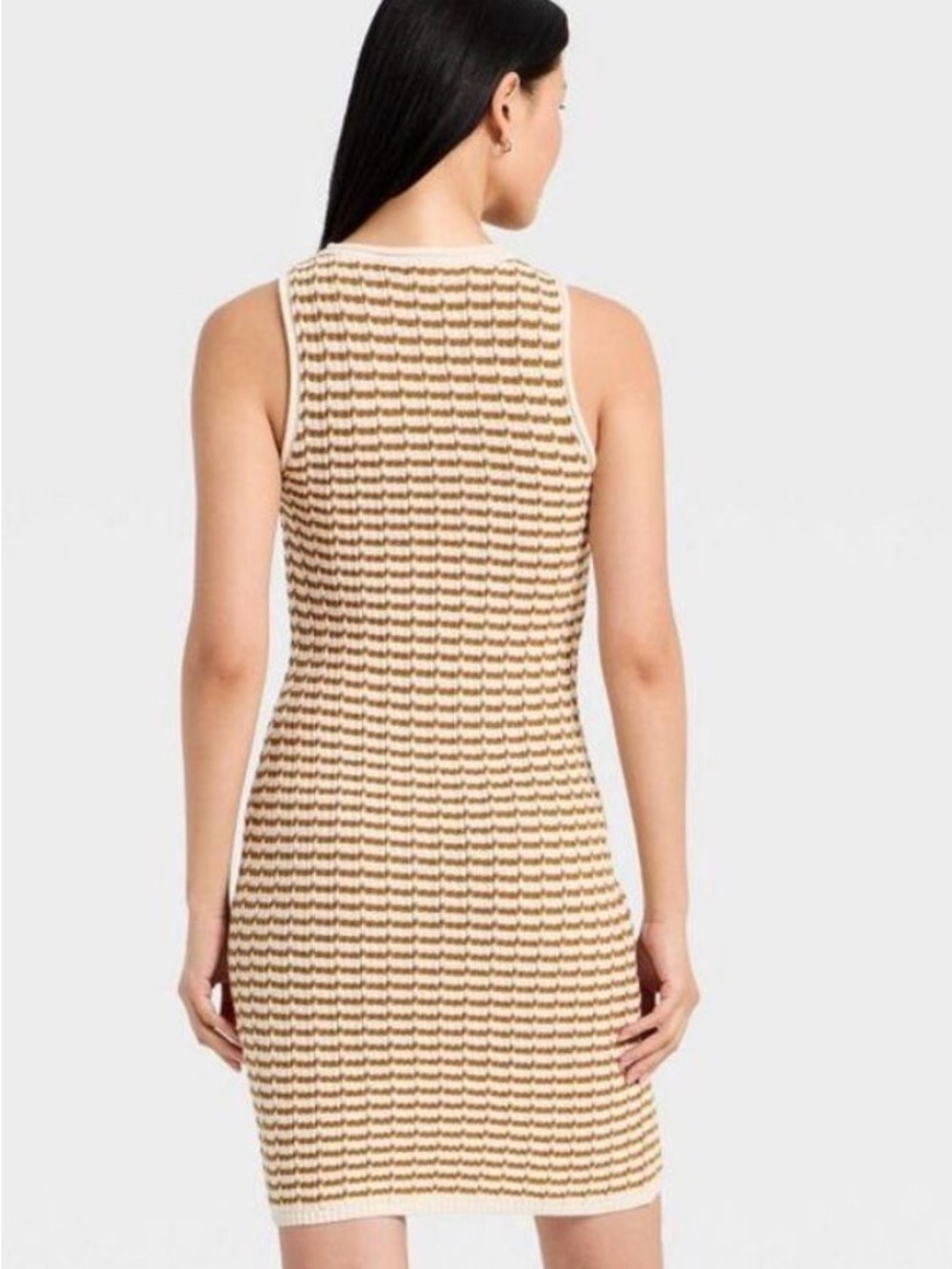 A New Day Women’s Crochet Mini Sweater Dress - Tan/White Stripe (Size S) NWT - Picture 2 of 8